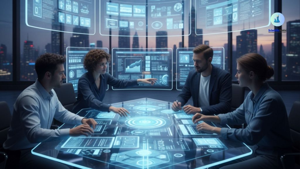 ScientificWebs brainstorming with digital screens showing futuristic websites